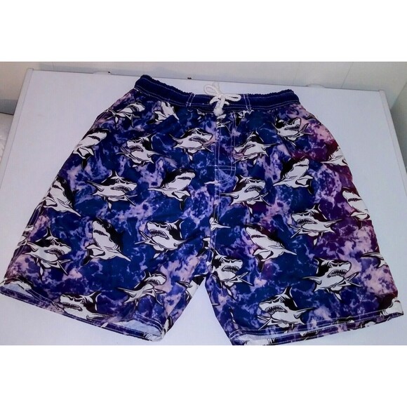 Other - Boys Swim Trunks Lined Swim Shorts Boy's Size Large 12 / 14 Blue & Sharks, New